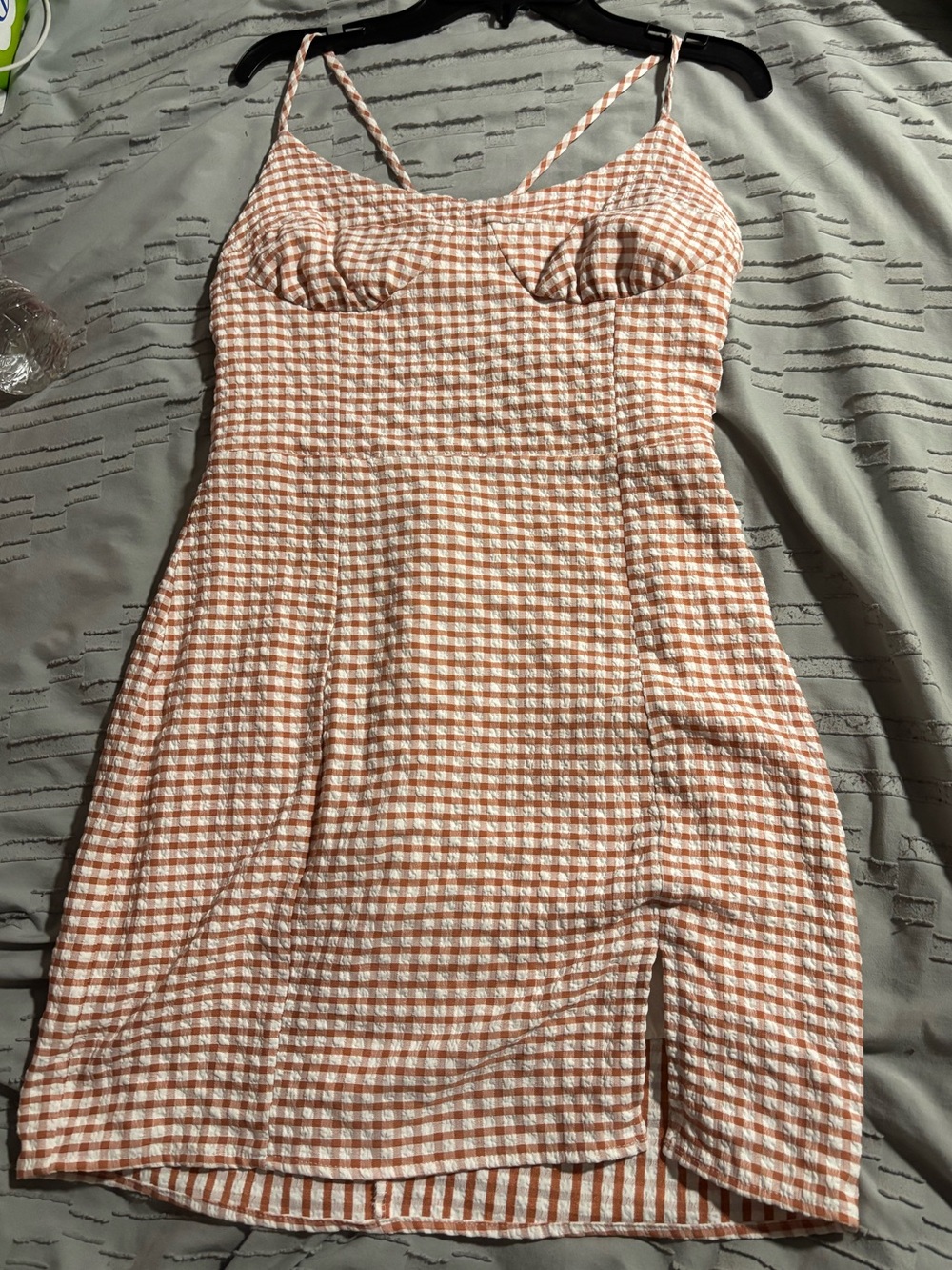 American Threads Peach & White Gingham Mini Dress with Spaghetti Straps